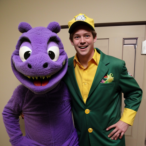 barney the a purple color an dinosaur an costume mascote