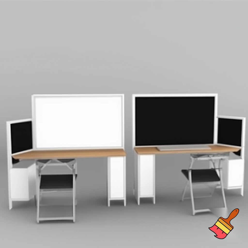 to arbejdsstationer , som består af 2 vægge 1,5 m høje, som står overfor hinanden ( på den ene - er whiteboard, på den anden - en skærm), med et klapbord på  hver væg (under whightboardet og skærmen), 2 stole på begge sider af hvert klapbord. Der er ikke væg imellem stationerne. Hvis man sætter dem sammen, bliver der dannet en station til 4 personer