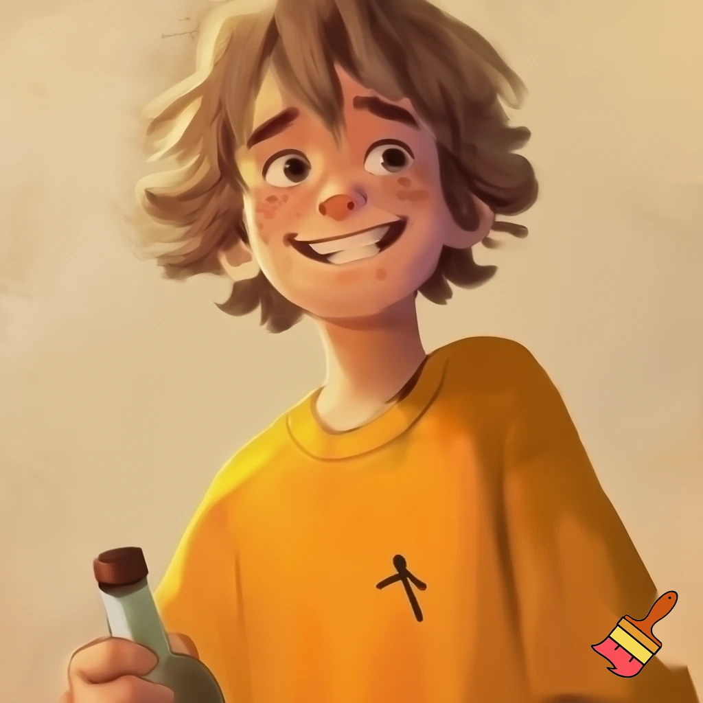 cartoon illustration of a young boy with light skin, shaggy light brown hair, and a wide smile. He’s wearing a loose yellow-orange t-shirt with a small black stick figure logo on the chest. He holds a vintage-style bottle in one hand. The style is semi-realistic cartoon with clean linework, warm beige textured background, and expressive facial features like thick eyebrows, freckles, and bright eyes. The mood is playful and nostalgic.