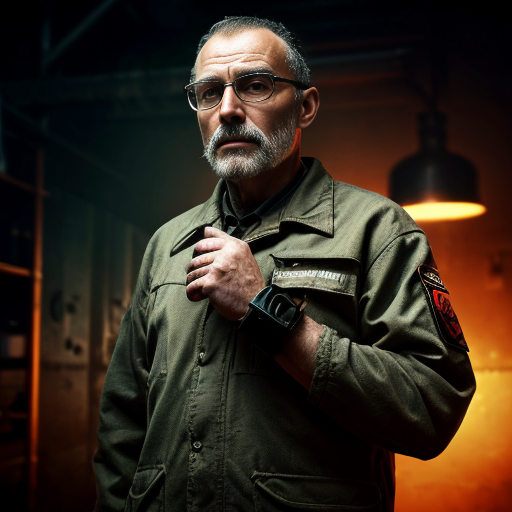 Cinematic portrait of Ingeniero Valdés, a rugged elderly scientist with weathered skin and sharp grey eyes. He wears a heavy olive-drab tactical field jacket over a dark red sweater. Messy salt-and-pepper hair, thick dark-rimmed glasses with visible scratches. Holding a retro-futuristic bronze device with glowing blue tubes. Hyper-realistic, 8k resolution, detailed texture, dark workshop background with floating dust particles, gritty atmosphere, moody lighting.
