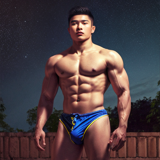 photorealistic handsome athletic & lean muscular shirtless young vietnamese warrior with oversized crotch in tight low-cut translucent speedos, arms stretched upwards and boyish facial features and a yearning look in his eyes, staring upwards against the stars at the night sky, in hyper-realistic style
