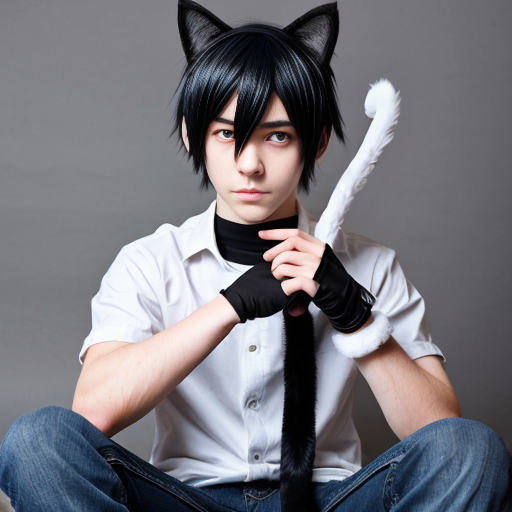 anime teenage boy with red eyes, black hair, white cat ears, a white shirt
, blue jeans, black gloves with one love heart per glove and a brown cat tail with a white stripe near the tip.