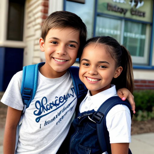 A bright, colorful children’s book cover in the style of a Disney cartoon. In the center, a smiling girl stands in front of a cheerful elementary school building, next to her younger brother who has Down syndrome and autism.

The girl has light skin and big expressive eyes. She has blonde hair in a high ponytail with a cute hair tie. She is wearing a light pink skirt and a white ruffled shirt, with a colorful backpack on her shoulders.

Her brother has light skin, short fluffy hair, and gentle, happy eyes. Show his features clearly so it’s clear he has Down syndrome, but in a kind and respectful way. He is wearing a dark blue shirt, black shorts, and a backpack. He is smiling and standing close to his sister, maybe holding her hand or standing shoulder to shoulder, to show their strong, loving bond.

Behind them is a warm, welcoming school building with big windows, a front door, and the school name on a sign or banner. Add trees, flowers, and a sunny blue sky with soft clouds to make the scene bright and happy, like a Disney movie background.

At the top of the cover, in large, playful, Disney-like letters, write the title: “Posey’s Story”.
Leave space at the bottom for the author’s name.

The overall style should be like a Disney animated film: soft shading, big friendly eyes, rounded shapes, and an emotional, heartwarming feeling that celebrates siblings, kindness, and inclusion.