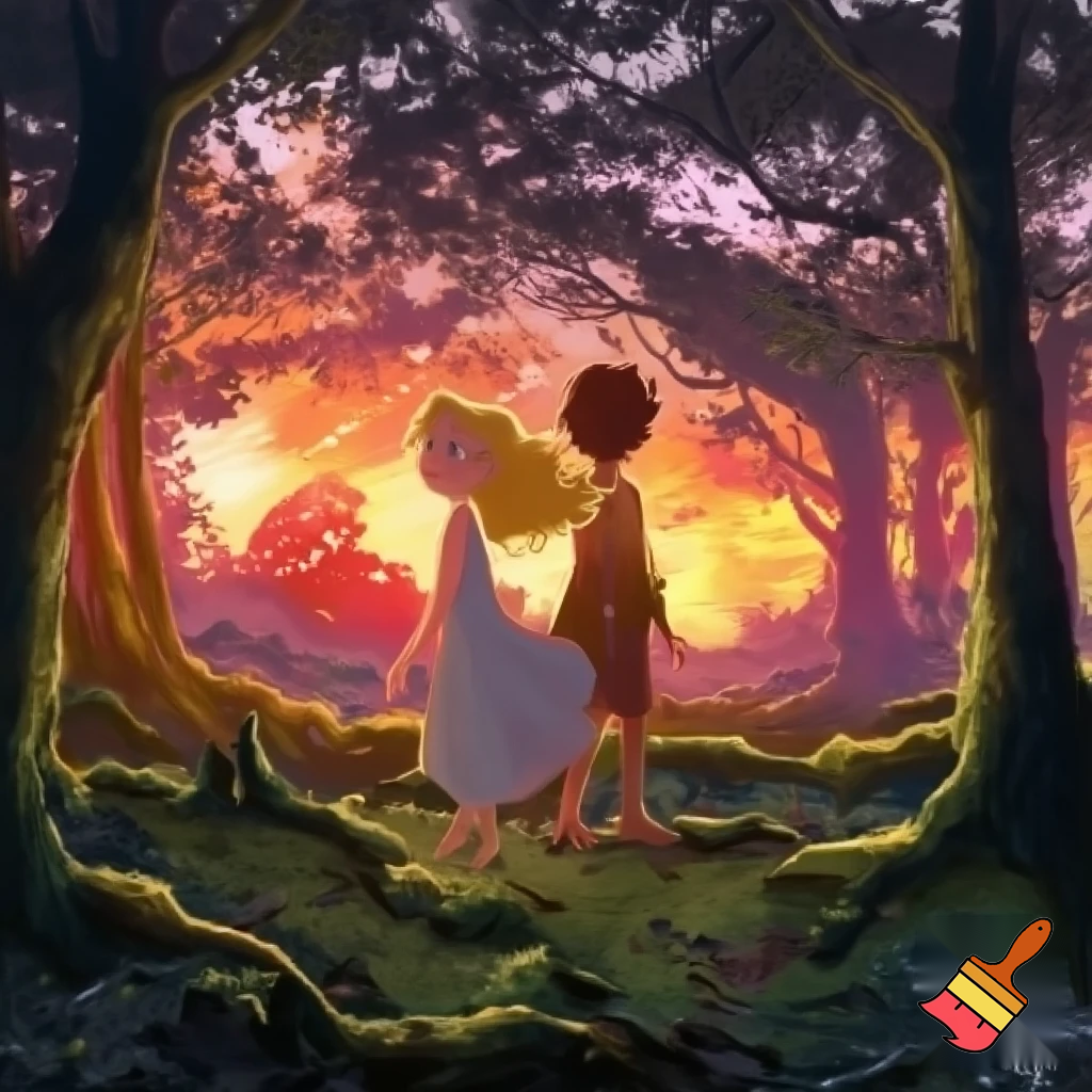 One girl one boy kids in a forest back to back in a sunset