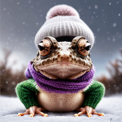 A laughable, puzzled animal toad in woolen, multicoloured winter clothings with woolen winter cap. Hyperrealistic art style.