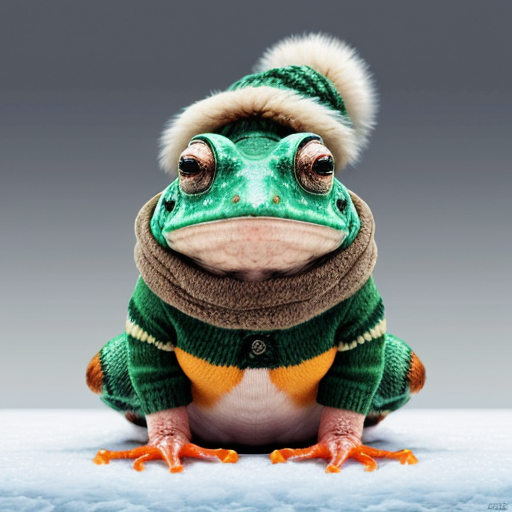 A laughable, puzzled animal toad in woolen, multicoloured winter clothings with woolen winter cap. Hyperrealistic art style.