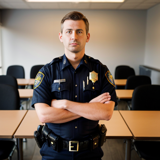 A calm, professional law enforcement officer standing slightly apart in a quiet moment of pause, hands resting naturally, posture relaxed but confident. Neutral daytime lighting, soft natural tones, no action or confrontation. The officer’s expression is thoughtful and composed, conveying self-awareness and control. Clean background with subtle depth of field, modern and realistic style. Warm, professional atmosphere suitable for a leadership or training presentation.