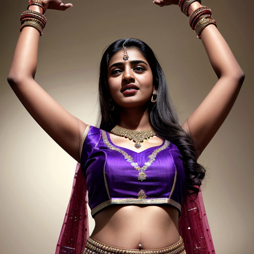 A 23 year old Indian woman in purple lehenga choli, raising arms above head