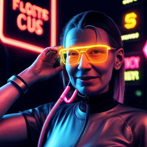 grace hopper with wires coming out of her head, in futuristic city, neon lights
