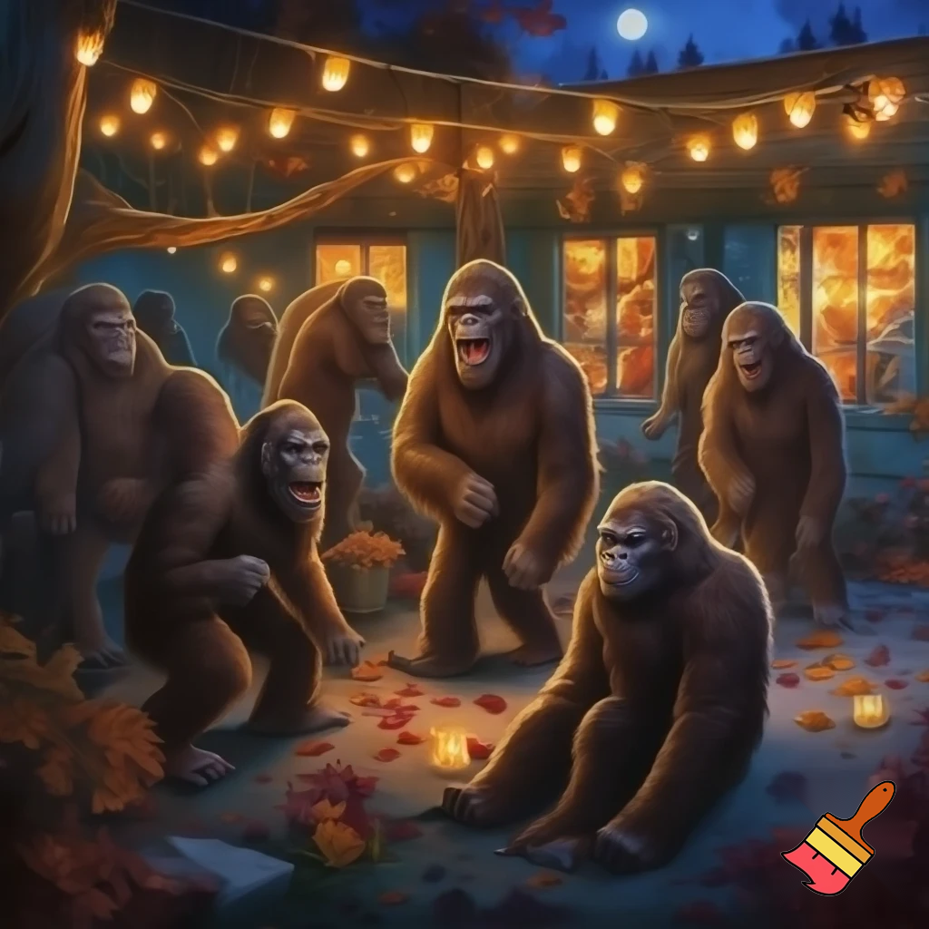 bunch of bigfoots jam session wintergarten autumn night candlelight reflection in the windows.