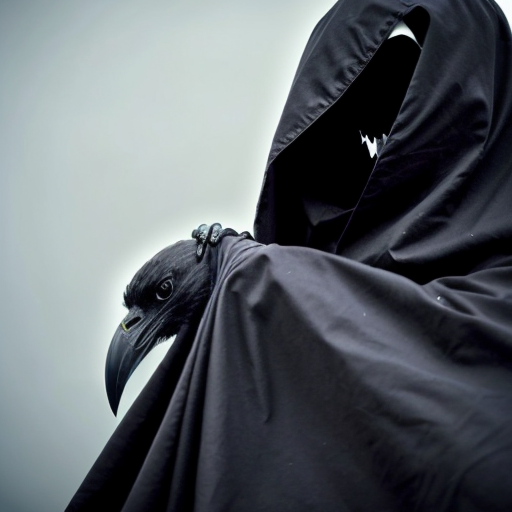 Creepy horror crow with human body covered in cloak with human wrists 