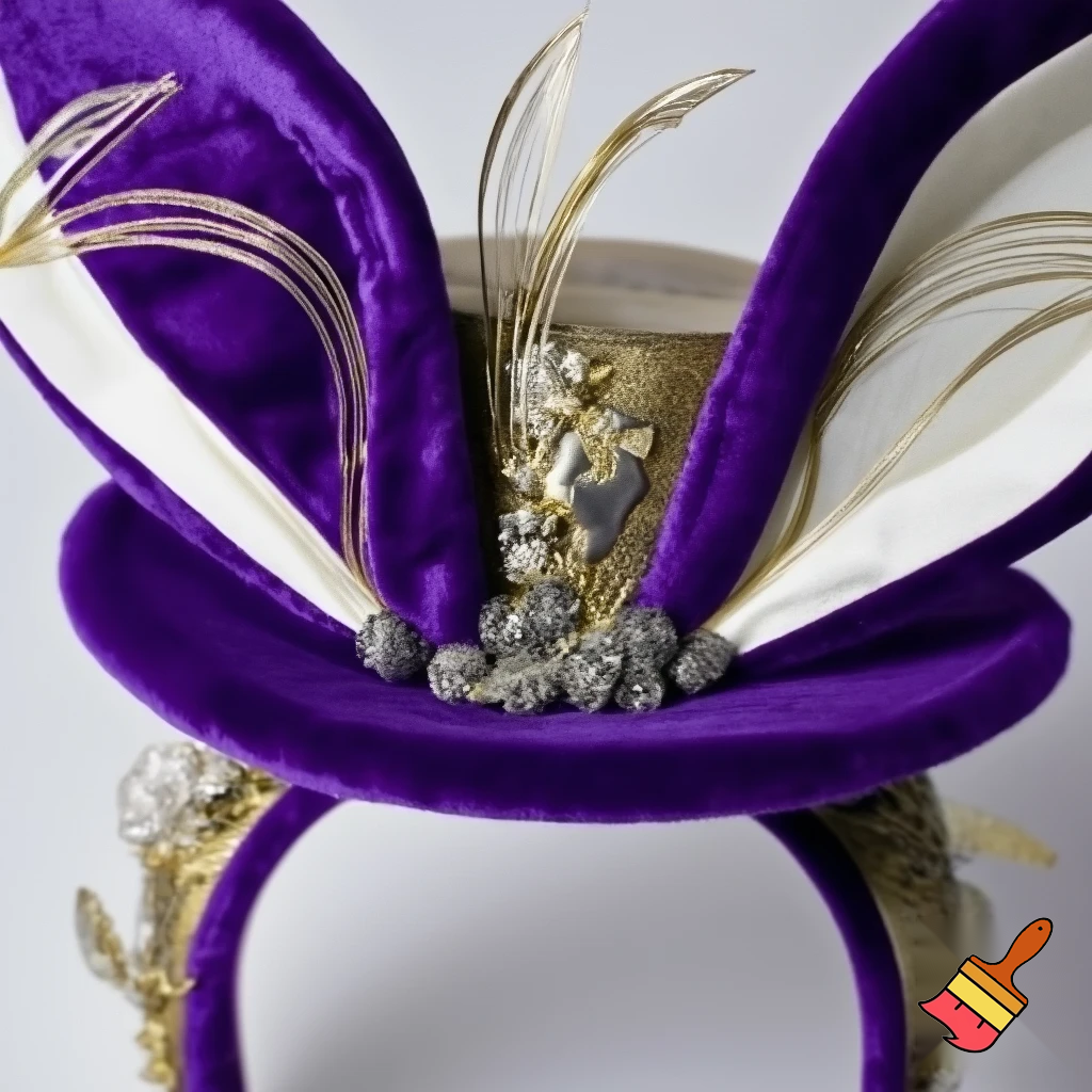 Easter top hat with headband, Easter bunny ears, purple and white velvet and fabric purple and white gold, gold and silver special delicate hat