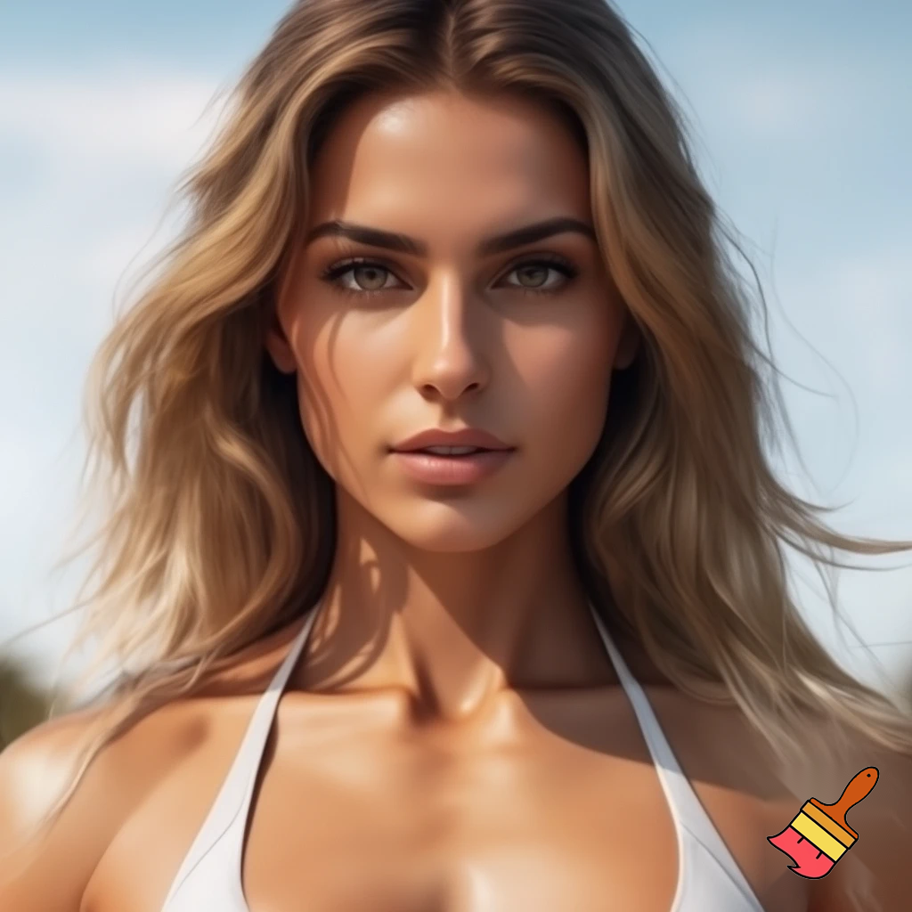 Photorealistic full body picture of a woman, approximately 22 years old, with long legs and athletic figure. She has long, naturally flowing light brown blonde hair, oval face, almond-shaped brown eyes, average eye spacing, slim straight nose, naturally full lips, soft facial features, harmonious proportion and delicate, harmonious facial features. Her overall presence is confident, natural, and modern.  Natural daylight. white bikini.