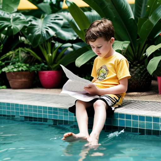 A serious cartoon child in a yellow shirt and pink shorts stands barefoot by a swimming pool, reading a paper, surrounded by tropical plants.