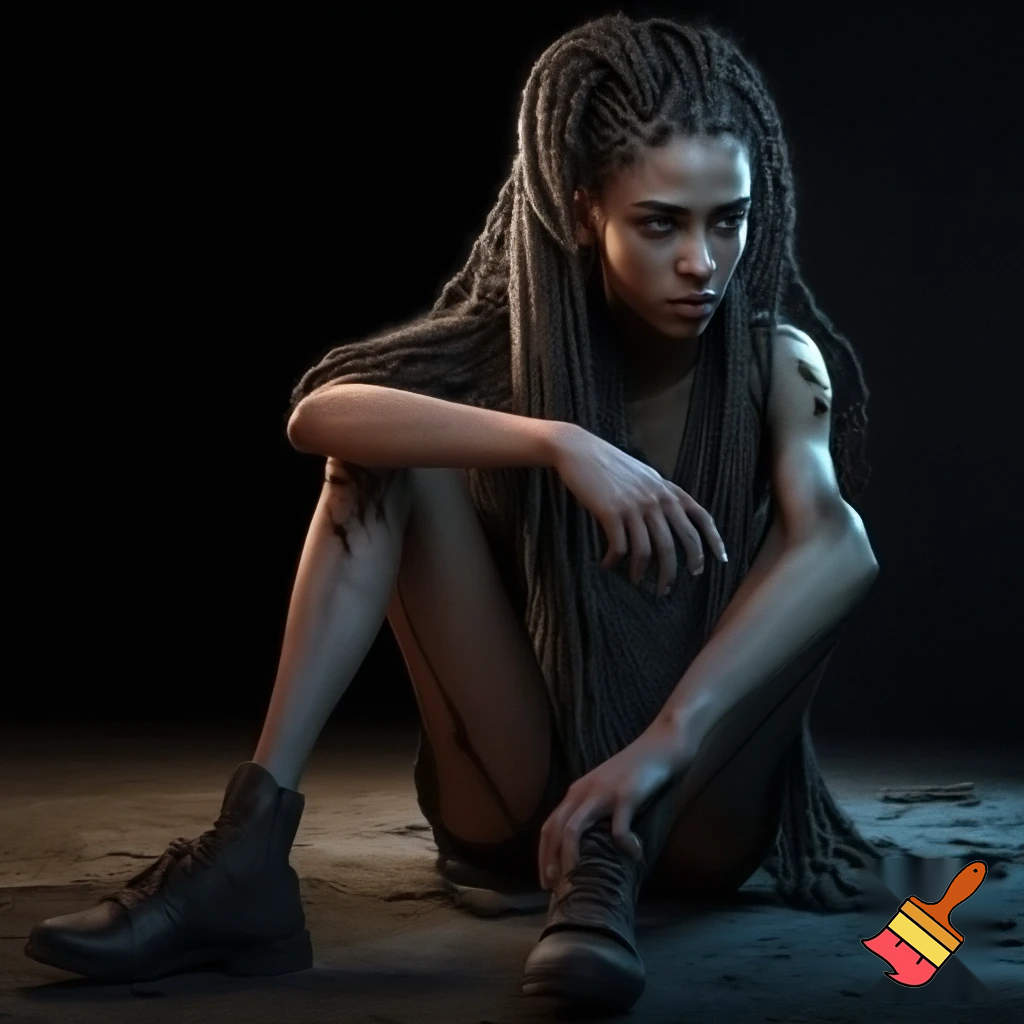 Very detailed and dramatic image of a young woman with long braided hair and a stern expression, sitting on the floor in torn clothes, slender legs without stockings and shoes on a dark background, professional photography, cinematic lighting, hyperrealistic, 8k resolution, detailed facial features
