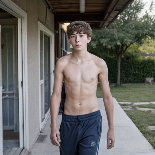 The shirtless teenage boy is has just woken up. He gets out of bed in his boxes and walks through his house. He eventually walks outside. The morning breeze hits him