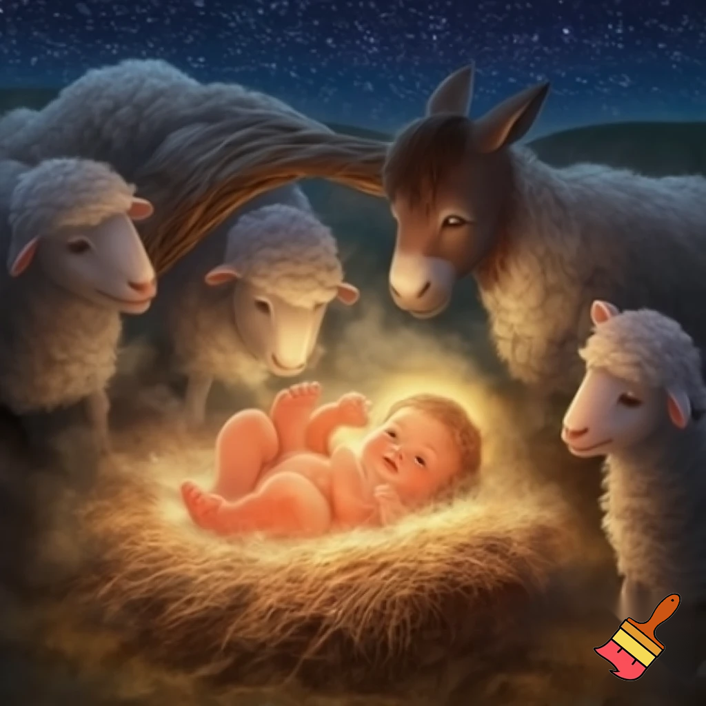 Un pruncușor grăsun și vesel născut înyr-o iesle, înconjurat de oi, un mwgăruș și pastori