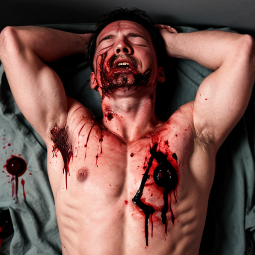 A corpse shirtless man, died, face are hiding by shirt, eye closed, chest opened wounded, blood everywhere