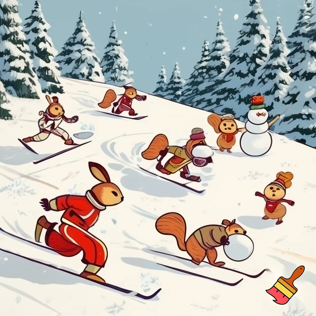 Drawing in old soviet cartoons style. Hares in ski suits are skiing on a snow-covered slope with dense forest on the edges. Next to them foxes in ski suits are skiing on a snow-covered slope with dense forest on the edges. Next to them bear cubs in winter clothes are making a snowman on a snow-covered slope with dense forest on the edges. Next to them squirells in winter clothes are playing with snowballs on a snow-covered slope with dense forest on the edges