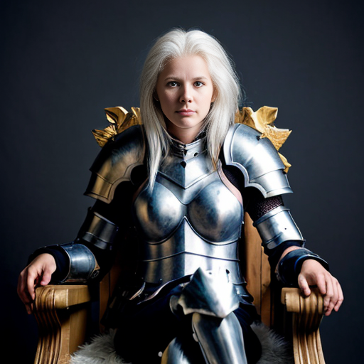 young tall white-haired woman in armor sits on a throne