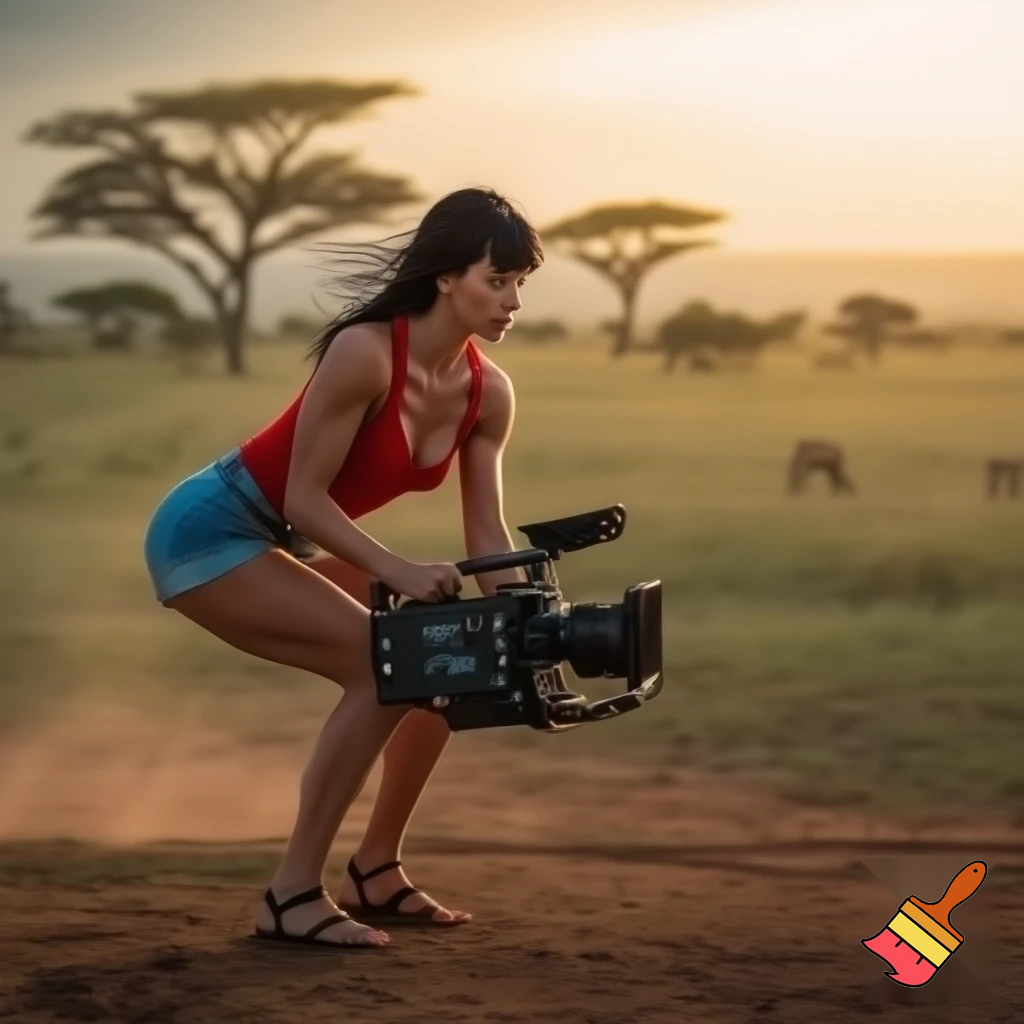 A cute and muscular black-long-and-side-swept-banged-haired fair white woman with arriflex digital camera and wearing red tank top and woman's blue short jeans and putting the sandals on her feet is filmming the plains of the Serengeti in Tanzania.