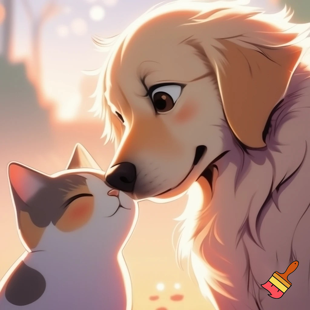 dog kissing cat anime style