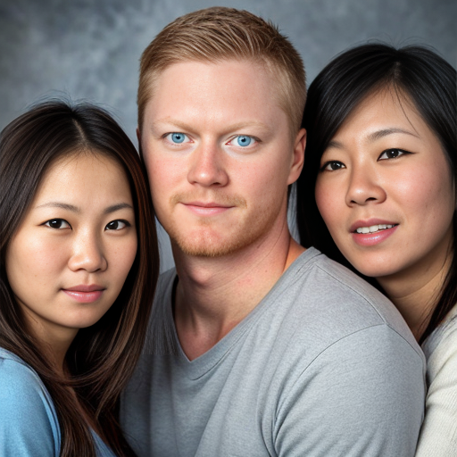can you make a photo of a family of three thats not asian I have blonde hair and blue eyes im the wife
