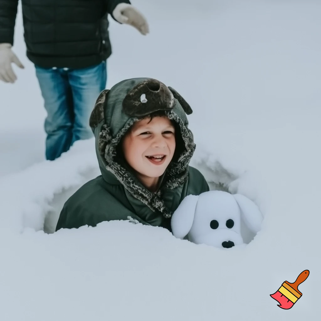 Put a kid inside a dog stuffed animal with the stuffing still inside and he’s getting buried in very, very deep snow