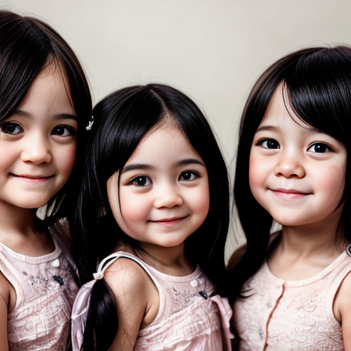 Generate a family photo of 2year old year old triplet girls with black hair make sure they have black hair
