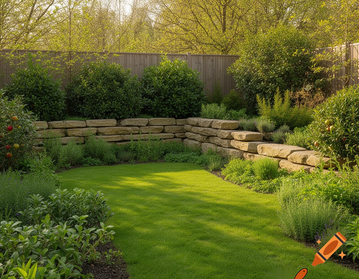 Realistic natural garden, excavator removed.
Green lawn in the center.
Low natural sandstone wall about 50 cm high along the top and right side.
Dense shrubs between wall and fence for privacy.
Herbs, fruit plants, and evergreen edible shrubs like juniper.
Natural, slightly wild but well maintained garden.
Spring or early summer, natural light, photographic style.