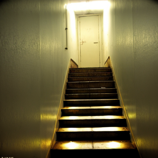 Old dimly lit apartament building stairwell post-soviet architecture 