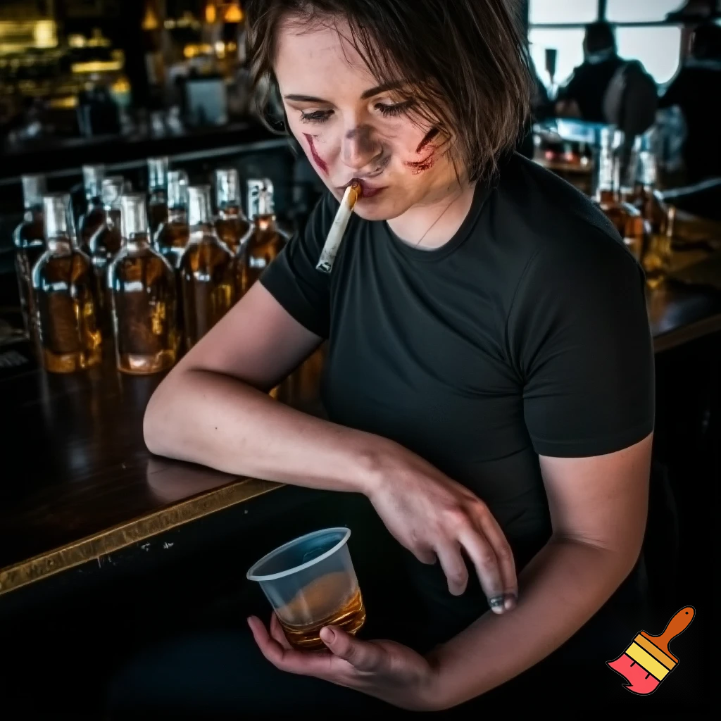 an extremely drunk and passed out 26 year old british girl with freckles in her hand and face wearing black leggings and t shirt at a bar with a cup of whiskey in her hand with a cigarette in her mouth and 8 empty bottles of whiskey 
