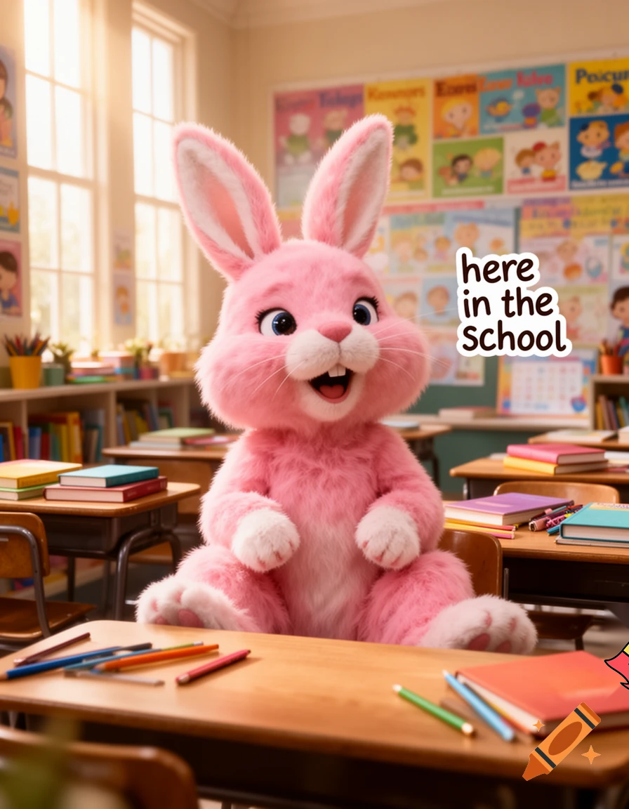 pink bunny says here in the school