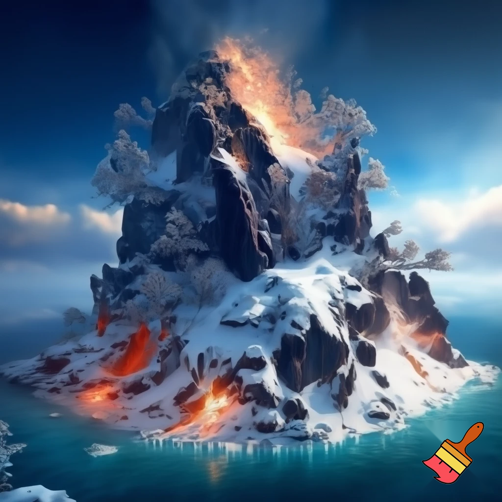 Drawing of a volcanic island mixed with an enchanted snow forest