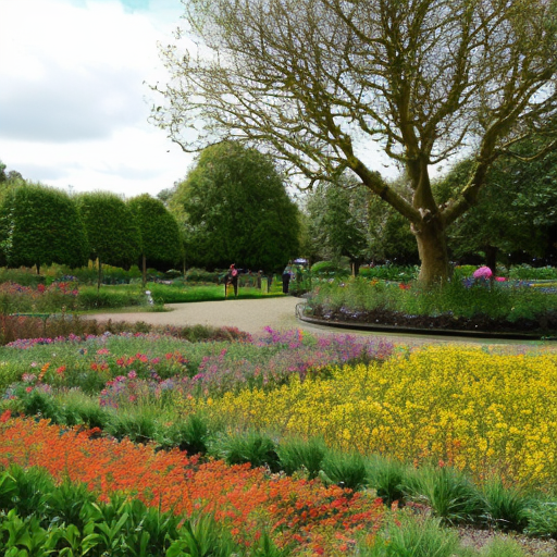 A park with a flower field the shop Morrisons a green frizzbee  and a big red leaved tree and a small flower garden 
