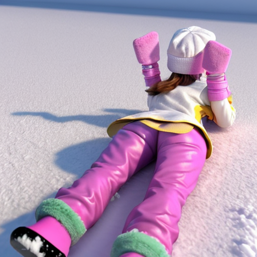 Create a fluttershy equestria girls as 3d cgi animated wearing pink beanie cap, pink coat, pink mittens, pink pants and pink boots in on back - lying down snow and making a snow angel in eyes closed and laughing 