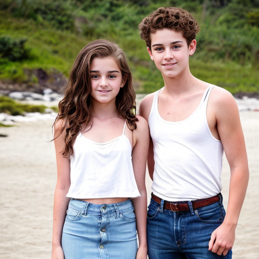 A girl who is 16 with brunette hair with lighter highlights and she has beach curls .she also has brown eyes  She is wearing a white mini dress with thin straps. There is her brother a 14 year old boy the same height as her and he has curly brunett hair and brown eyes. He is wearing a white shirt and blue jeans. There is another girl who is 10 and she is wearing a pink tank top with a white mini skirt.she is shorter than both of the other people.They are all siblings. Also make it look like a realistic photot
