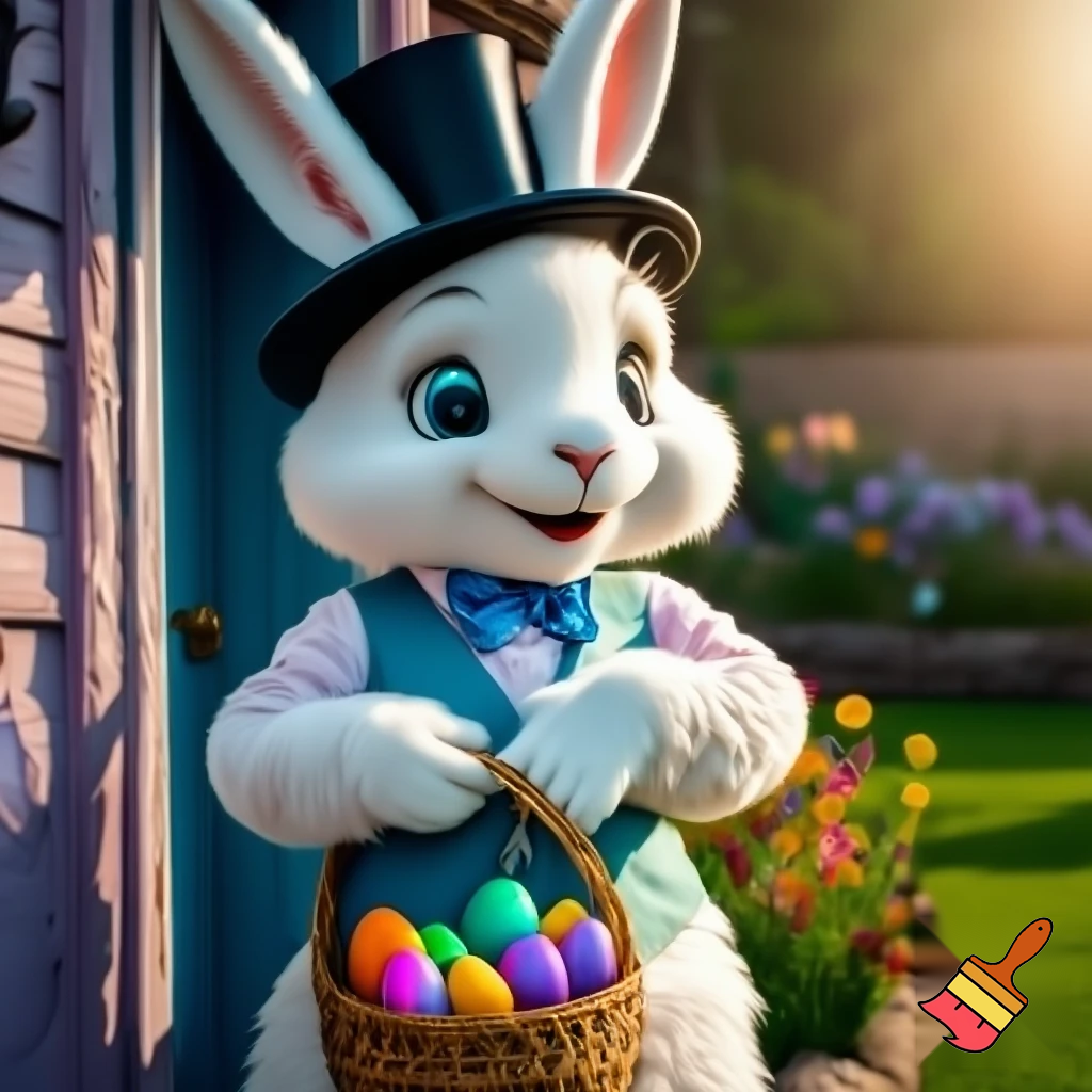 Easter bunny mascot top hat costume his house