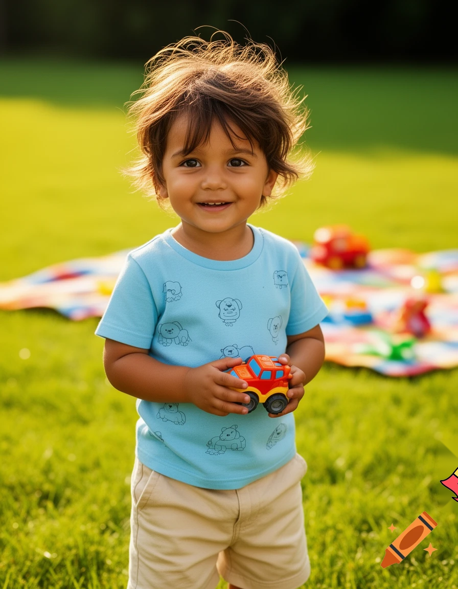 create a 2 year old boy with brown hair and tan  