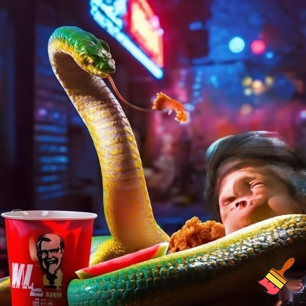 snake with human head eating KFC and watermelon drinking koolaid
