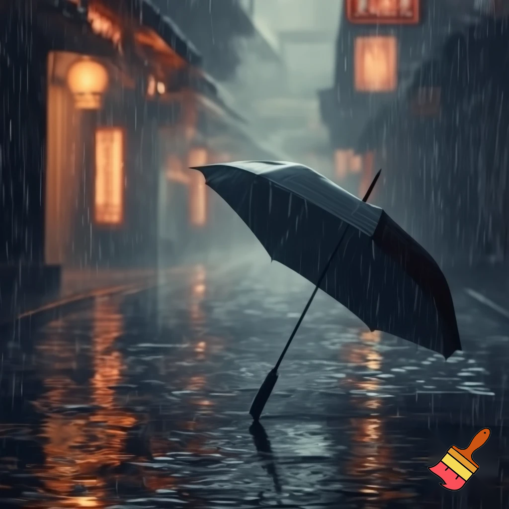 rainy old street asia / wet pavement reflection / closed umbrella rain