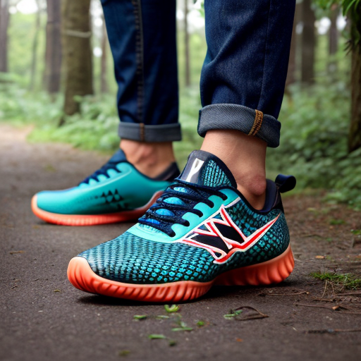 Make a shark with blue shoes on runing away into the woods fast the shark is wearing the shoes running