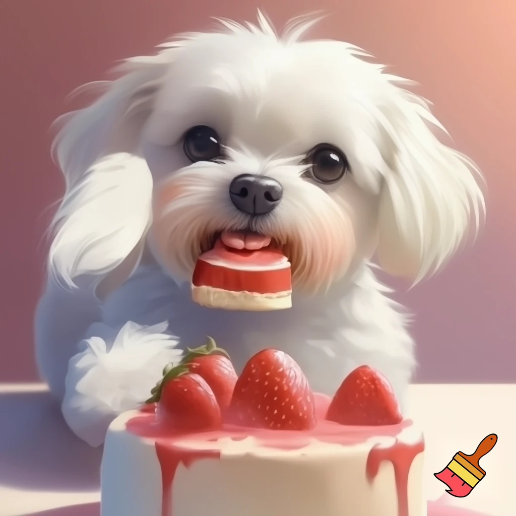 White dog holding strawberry cake