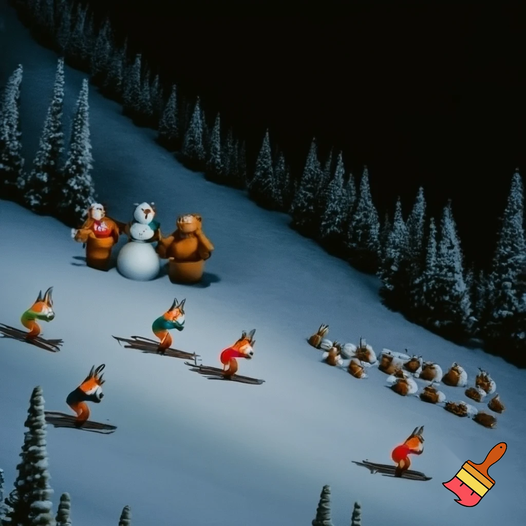 Drawing in old cartoons style. Every object is distinctive. Hares in ski suits are skiing on a snow-covered slope with dense forest on the edges. Next to them foxes in ski suits are skiing on a snow-covered slope with dense forest on the edges. Next to them bear cubs in winter clothes are making a snowman on a snow-covered slope with dense forest on the edges. Next to them squirells in winter clothes are playing with snowballs on a snow-covered slope with dense forest on the edges at dark night
