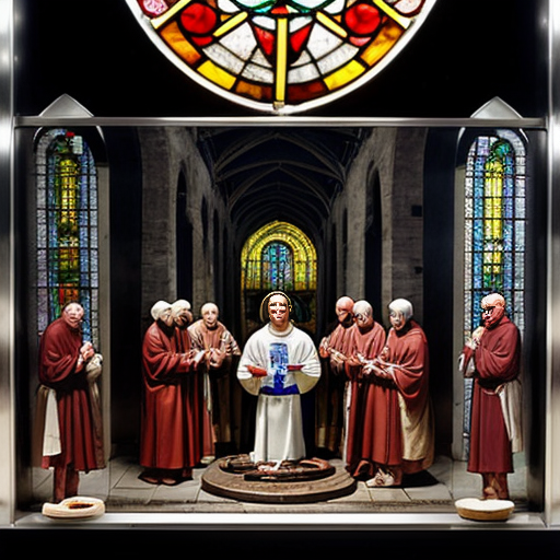 a vast, cathedral-like Vatican slaughterhouse where the sacred and the profane collide under vaulted ceilings adorned with frescoes of angels holding cleavers. Dozens of naked, headless corpses hang from meathooks in neat rows like perverse rosary beads, their skin marked with ritualistic carvings and wax-drip sealant from extinguished candles. Robed priests with blood-smeared faces oversee the operation, chanting Latin blessings while workers in biohazard suits methodically dismember carcasses on stainless steel altars, their visors fogged with condensation. The floor glistens with a slick of crimson and holy water, drains clogged with chunks of fat and discarded sacramental wafers. Along the far wall, conveyor belts transport shrink-wrapped cuts of human meat stamped with papal seals toward an industrial freezer humming beside a reliquary filled with finger bones and teeth. A single stained-glass window casts prismatic light across the scene, depicting St. Peter handing Christ a butcher’s apron