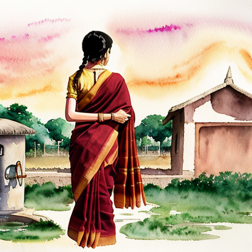 Studio Ghibli style watercolor 1990s rural Tamil Nadu village,
same mother character (28 yo, maroon cotton saree with jasmine braid),
drawing water from village well, brass pot, golden morning light, dust