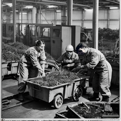 Women work in factories building equipment. Men in uniform prepare to leave for war. Children collect scrap metal in a red wagon. Posters on walls say, “Careless Talk Costs Lives” and “Grow Your Own.”