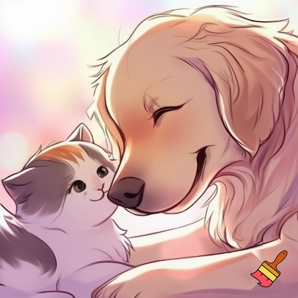 dog kissing cat anime style