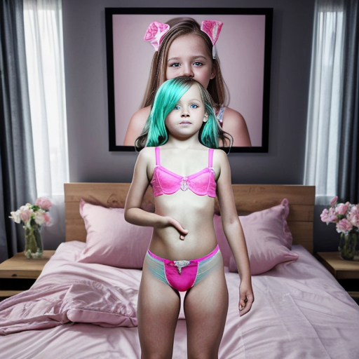 Genera la imagen hiper real de tres niñas rubias de 9 años vestidas con lenceria rosa  tipo corsé transparente jugando en cama