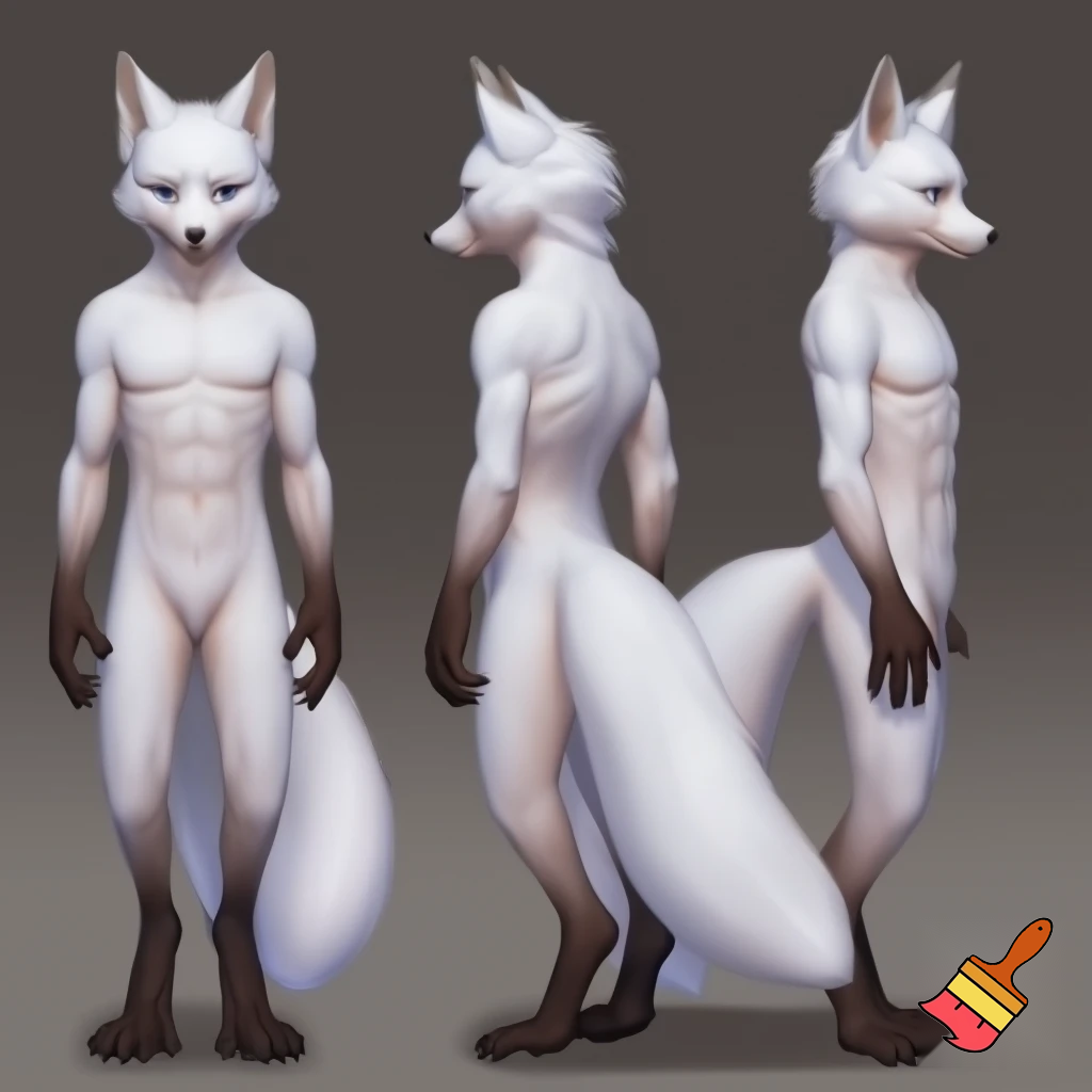 (Ref sheet , front perspective , back perspective and right side perspective)
Gender: Male
 age: 18
 Body structure: ectomorph thin anthro Pretty boy fox body , big bushy tail, White fur  , cute big white fox ears , Digitagrade Anthro fox Legs and Feet paws, paw hands with Retractable claws. 
Pretty boy Facial features: Big cute blue eyes, cute small black fox nose, cute fox snout.

Species: Albino anthro fox.
height: 5.7. 